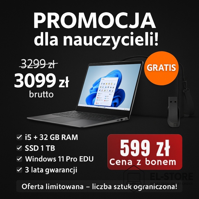 Promocja dla nauczycieli – laptop Dell Inspiron 3530 z 32 GB RAM i dyskiem SSD 1 TB, Windows 11 Pro Education, 3 lata gwarancji Dell Authorized Partner. Cena 3099 zł brutto lub tylko 599 zł z bonem dla nauczyciela. Dostępny w El-Store.pl z szybką dostawą w Warszawie, Krakowie i Wrocławiu.
